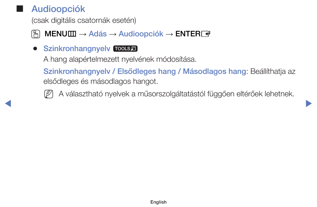 Samsung UE55J5100AWXBT, UE32J4000AWXXH, UE32J5000AWXXH manual OO MENUm → Adás → Audioopciók → Entere Szinkronhangnyelv t 