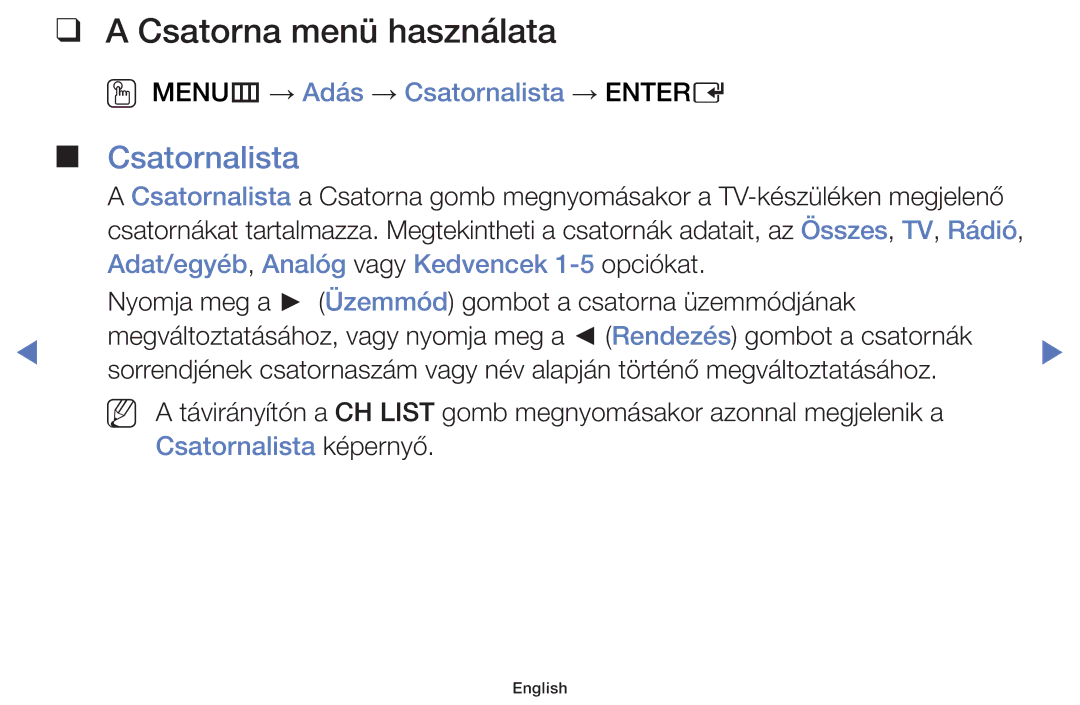 Samsung UE55J5100AWXXH Csatorna menü használata, OO MENUm → Adás → Csatornalista → Entere, Csatornalista képernyő 