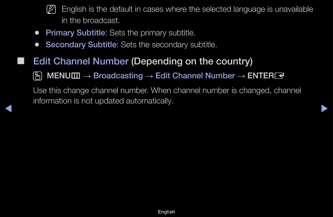 Samsung UE40J5100AKXZT, UE32J4100AWXXH, UE32J5100AWXXH, UE22K5009AKXZG manual Edit Channel Number Depending on the country 