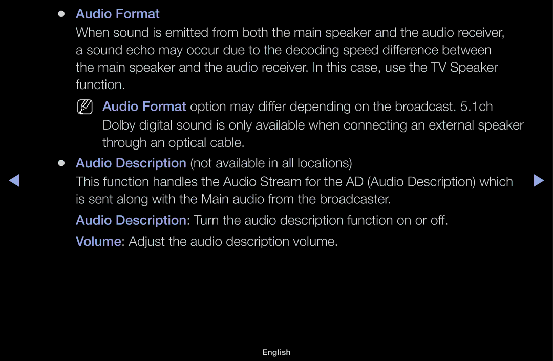 Samsung UE22K5000AWXXC manual Function, Through an optical cable, Audio Description not available in all locations 