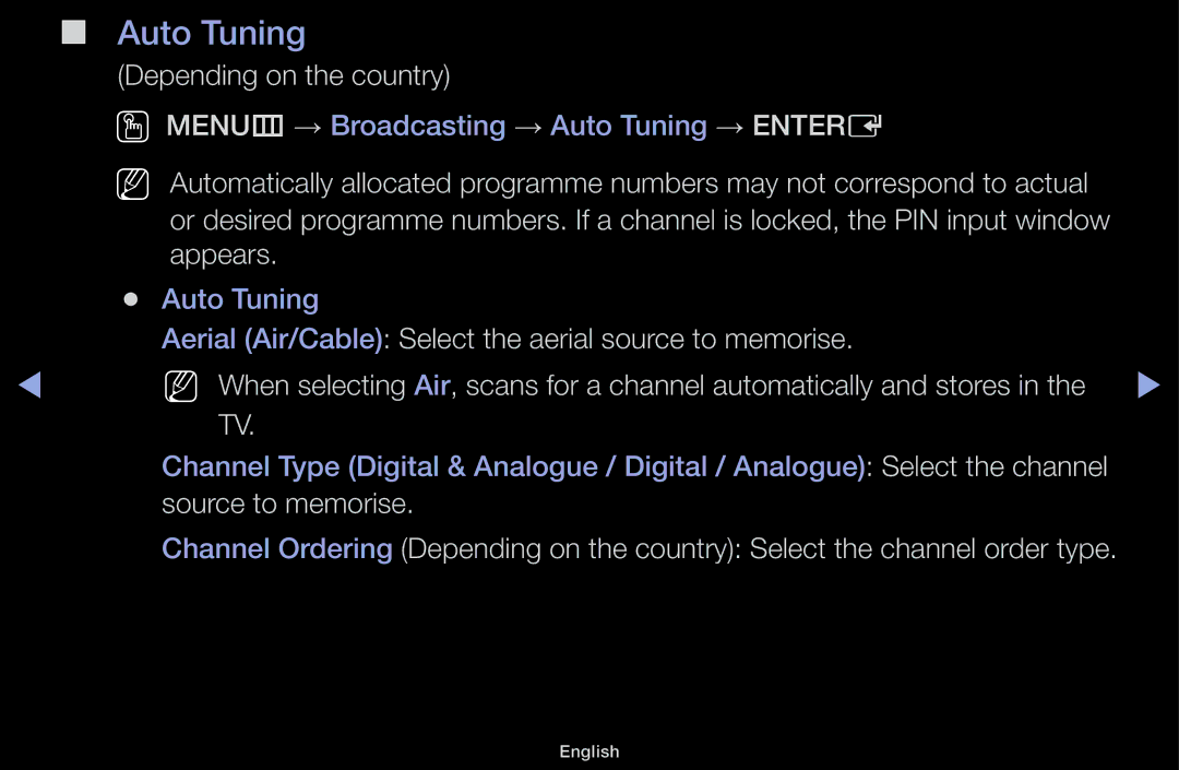 Samsung UE32J4100AWXZG manual Auto Tuning, Depending on the country, Aerial Air/Cable Select the aerial source to memorise 