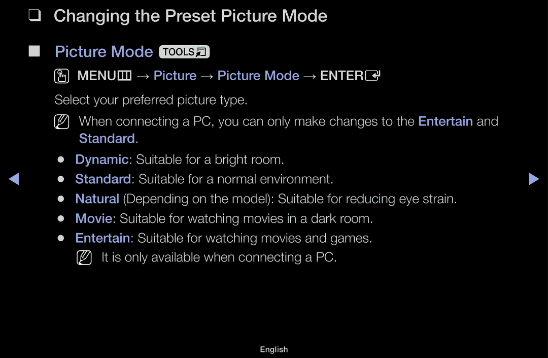 Samsung UE40J5100AKXXU, UE32J4100AWXXH, UE32J5100AWXXH, UE22K5009AKXZG manual Changing the Preset Picture Mode, Picture Mode t 