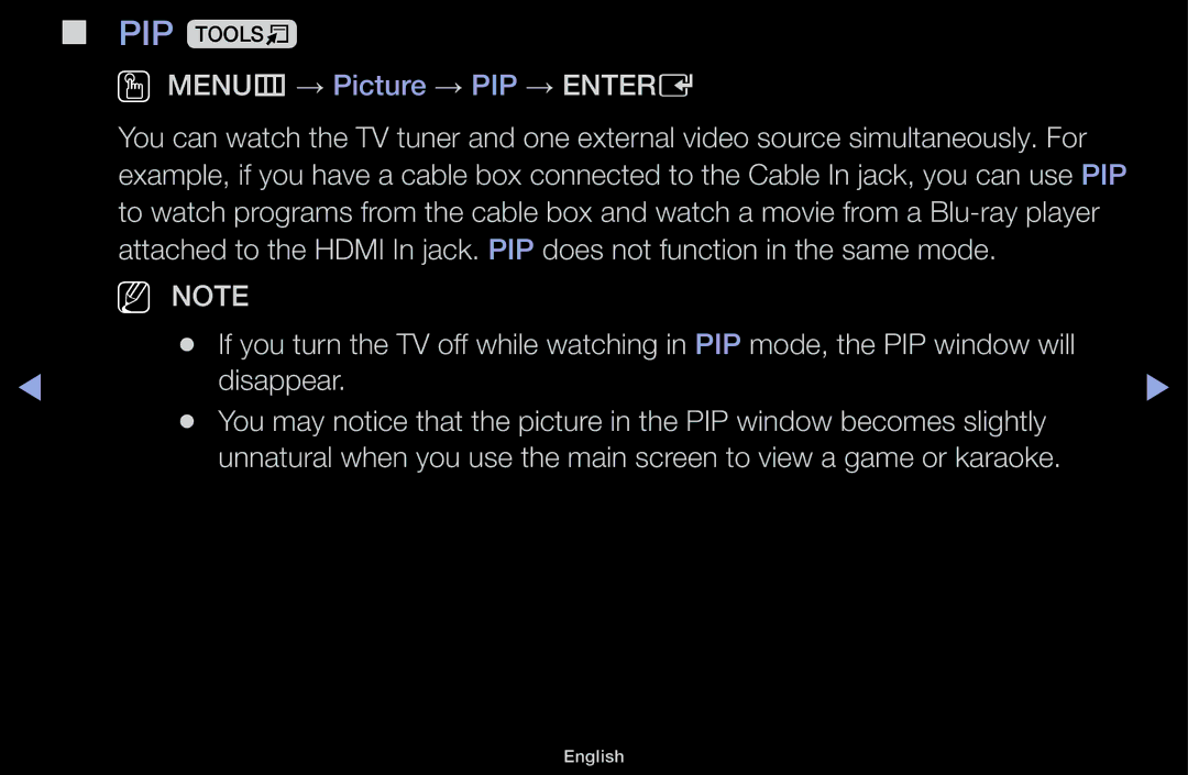 Samsung UE22K5000AWXZF, UE32J4100AWXXH, UE32J5100AWXXH, UE22K5009AKXZG manual PIP t, OO MENUm → Picture → PIP → Entere 