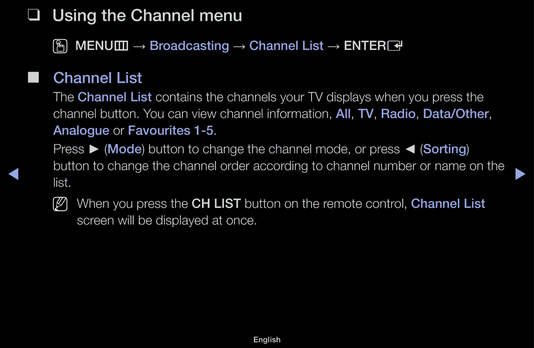 Samsung UE22K5000AWXZF, UE32J4100AWXXH, UE32J5100AWXXH, UE22K5009AKXZG, UE32J4100AWXZG Using the Channel menu, Channel List 