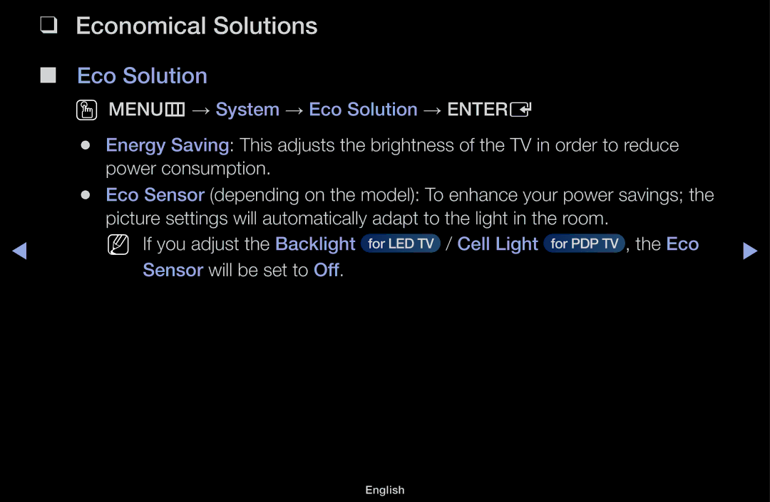 Samsung UE32J4100AWXZF, UE32J4100AWXXH, UE32J5100AWXXH manual Economical Solutions, Eco Solution, Sensor will be set to Off 