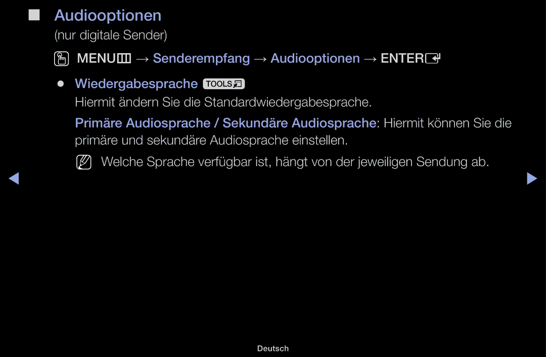 Samsung UE32J4100AWXXH manual Audiooptionen, Nur digitale Sender, Hiermit ändern Sie die Standardwiedergabesprache 