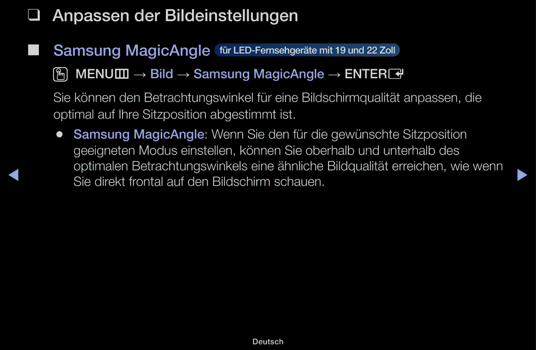 Samsung UE32J4100AWXXH, UE32J5100AWXXH manual Anpassen der Bildeinstellungen, Sie direkt frontal auf den Bildschirm schauen 