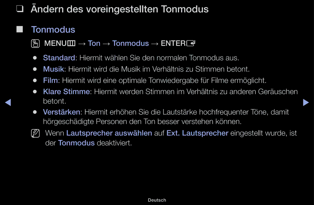 Samsung UE32J5100AWXZF, UE32J4100AWXXH, UE32J5100AWXXH, UE22K5009AKXZG, UE32J4100AWXZG Ändern des voreingestellten Tonmodus 