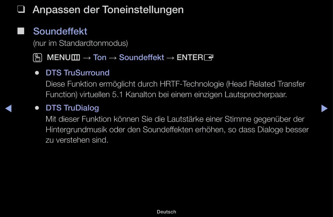 Samsung UE22K5000AWXZF manual Anpassen der Toneinstellungen, Soundeffekt, Nur im Standardtonmodus, Zu verstehen sind 