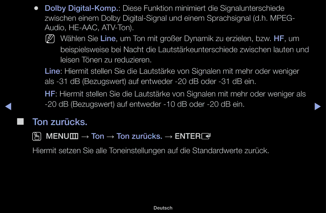 Samsung UE32J4100AWXXH, UE32J5100AWXXH, UE22K5009AKXZG manual Ton zurücks, DB Bezugswert auf entweder -10 dB oder -20 dB ein 