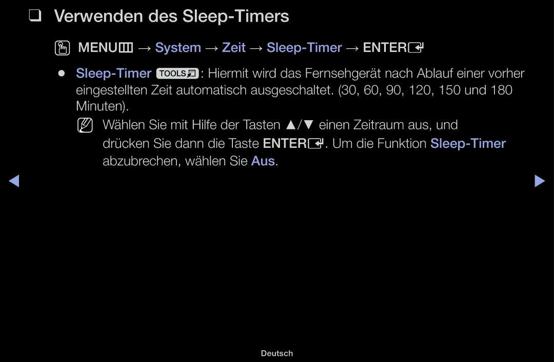 Samsung UE32J4100AWXXH, UE32J5100AWXXH, UE22K5009AKXZG, UE32J4100AWXZG, UE32J4100AWXZF manual Verwenden des Sleep-Timers 