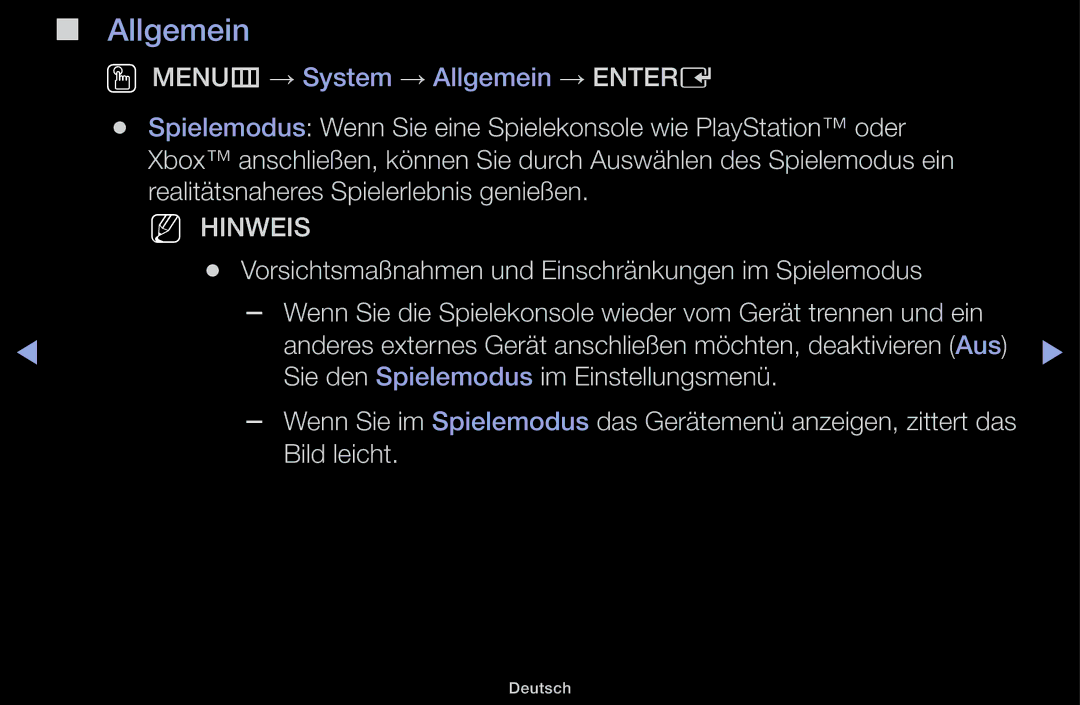 Samsung UE22K5000AWXZF, UE32J4100AWXXH, UE32J5100AWXXH manual Allgemein, Sie den Spielemodus im Einstellungsmenü, Bild leicht 