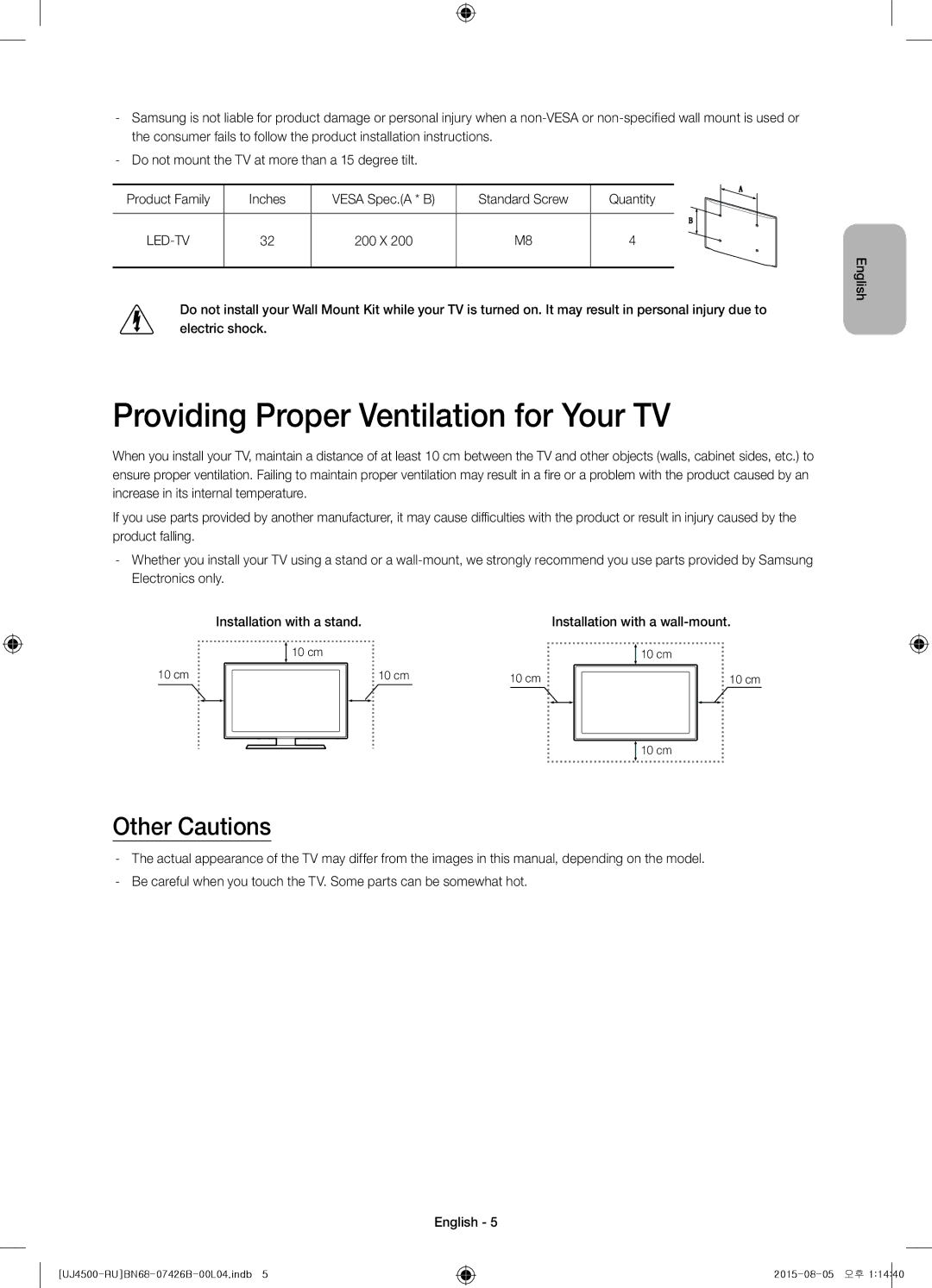 Samsung UE32J4500AKXRU manual Providing Proper Ventilation for Your TV, Other Cautions 