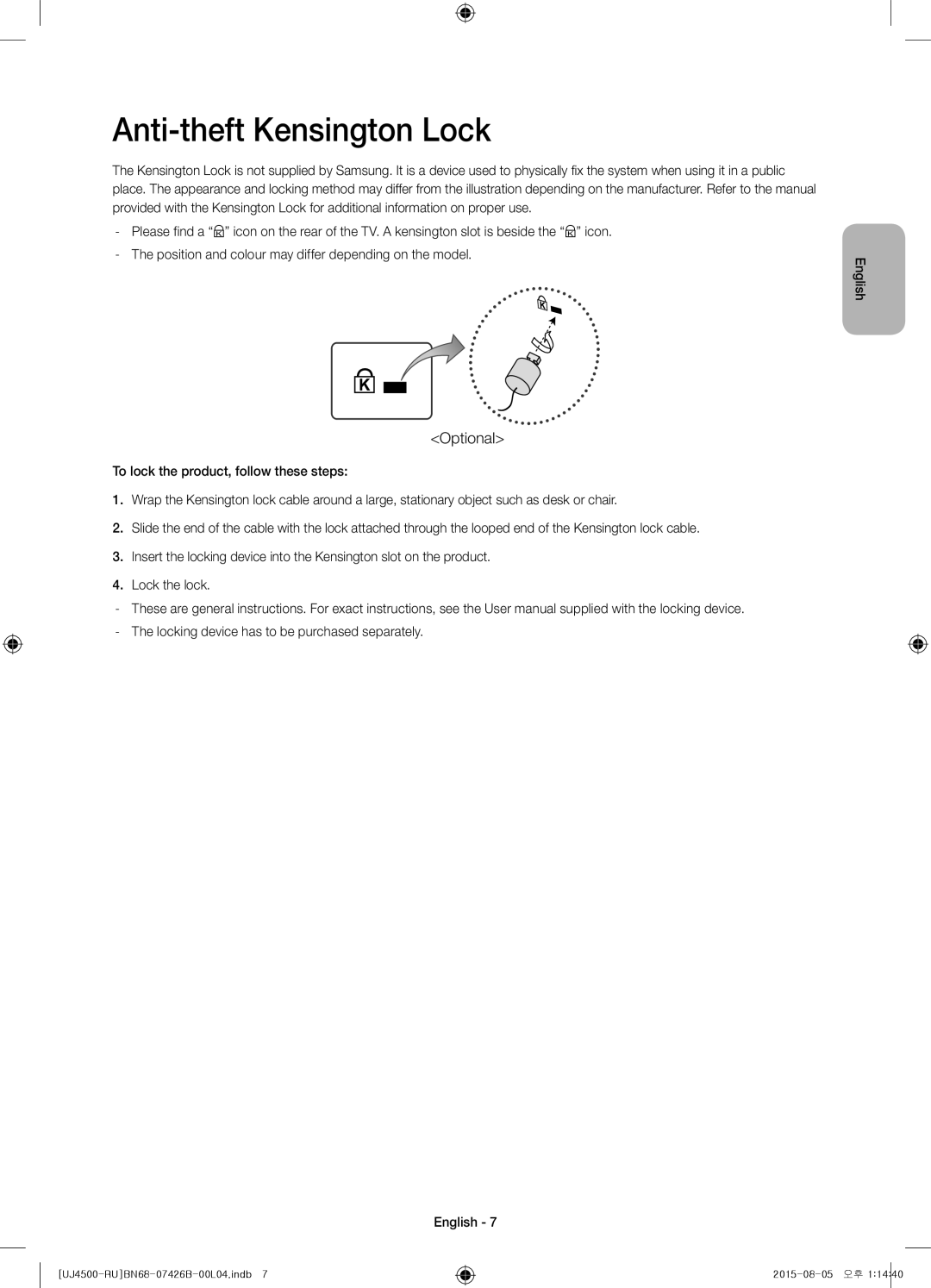 Samsung UE32J4500AKXRU manual Anti-theft Kensington Lock, Optional 