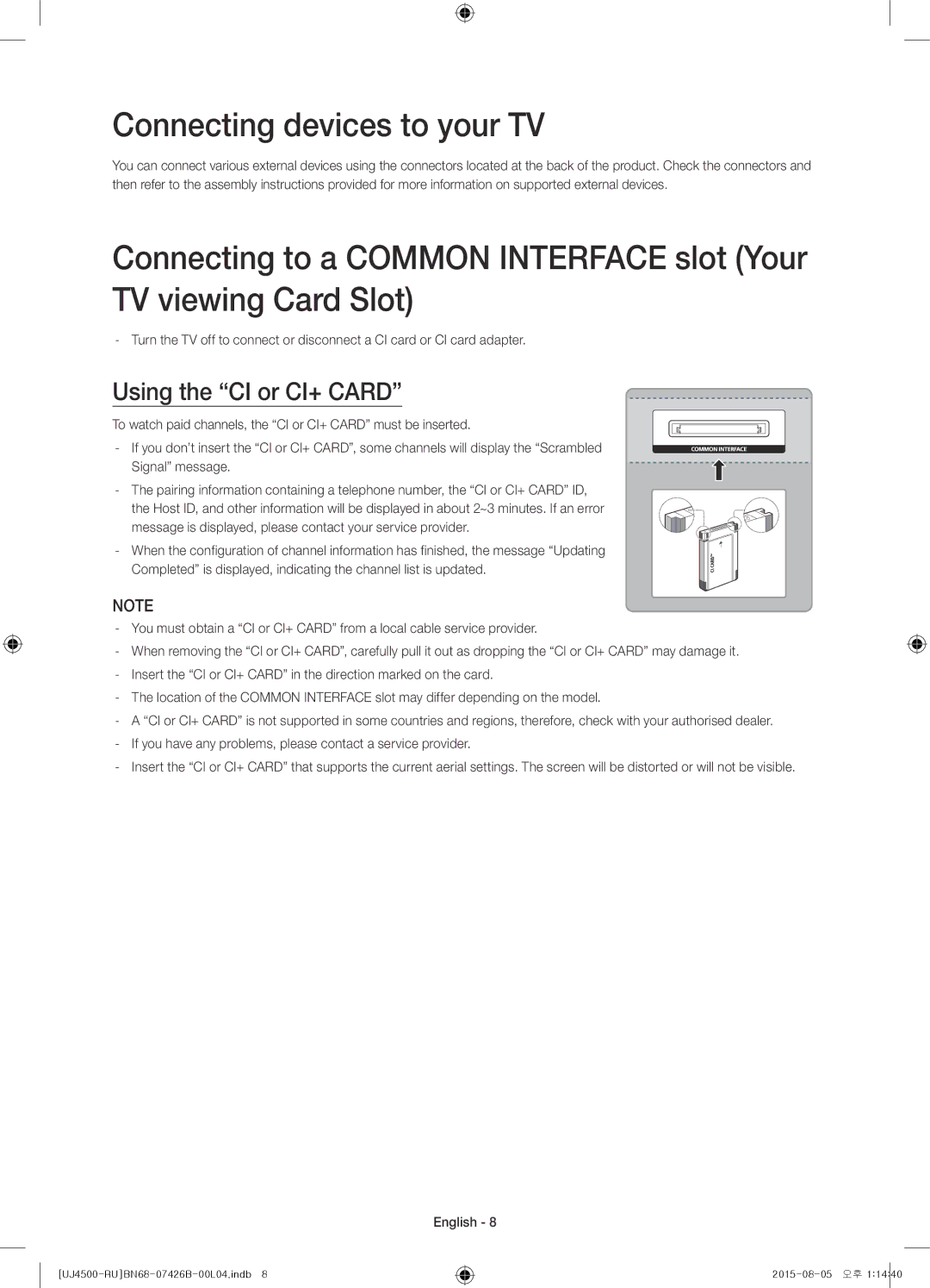 Samsung UE32J4500AKXRU manual Connecting devices to your TV, Using the CI or CI+ Card 