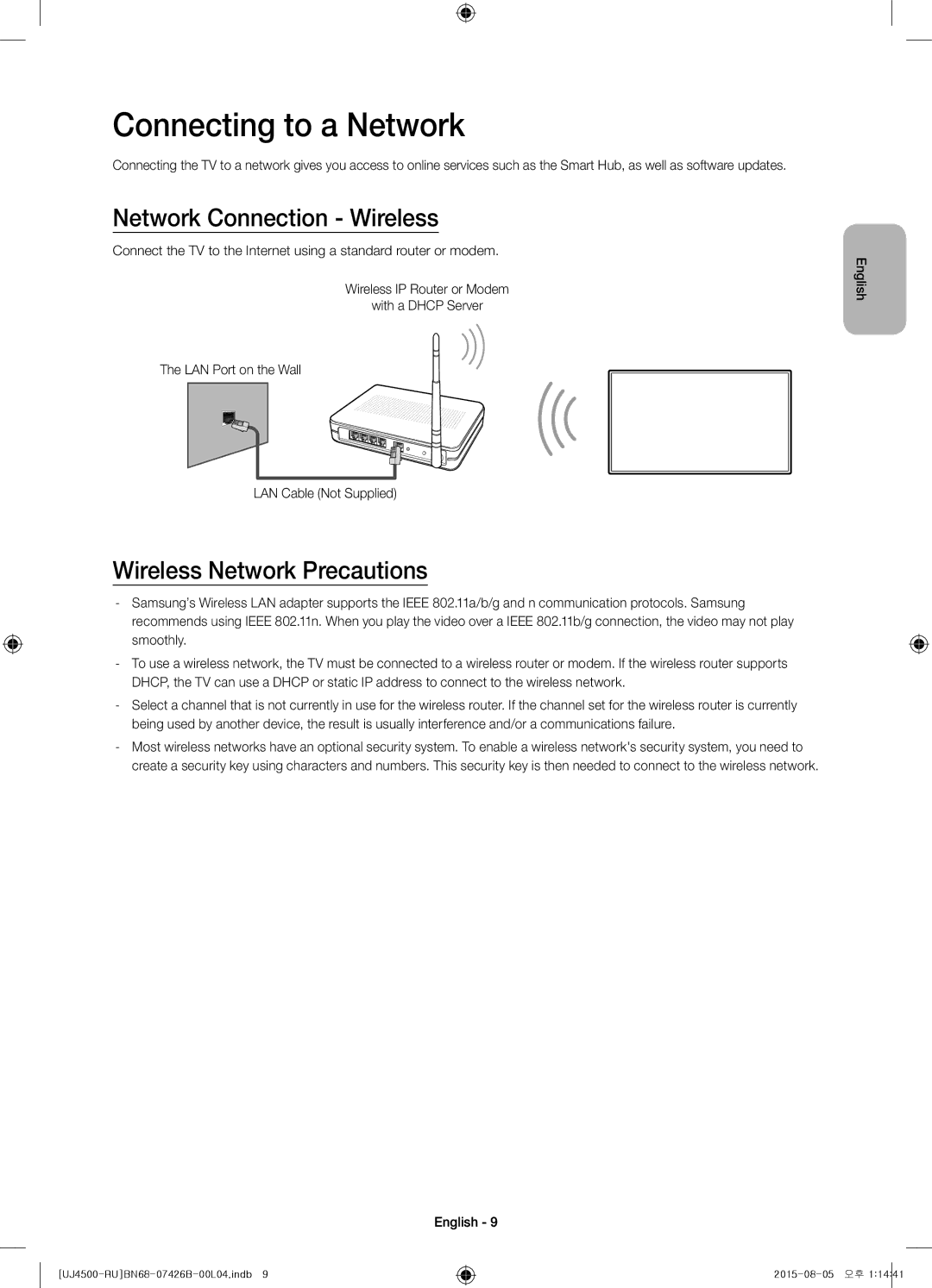 Samsung UE32J4500AKXRU manual Connecting to a Network, Network Connection Wireless, Wireless Network Precautions 