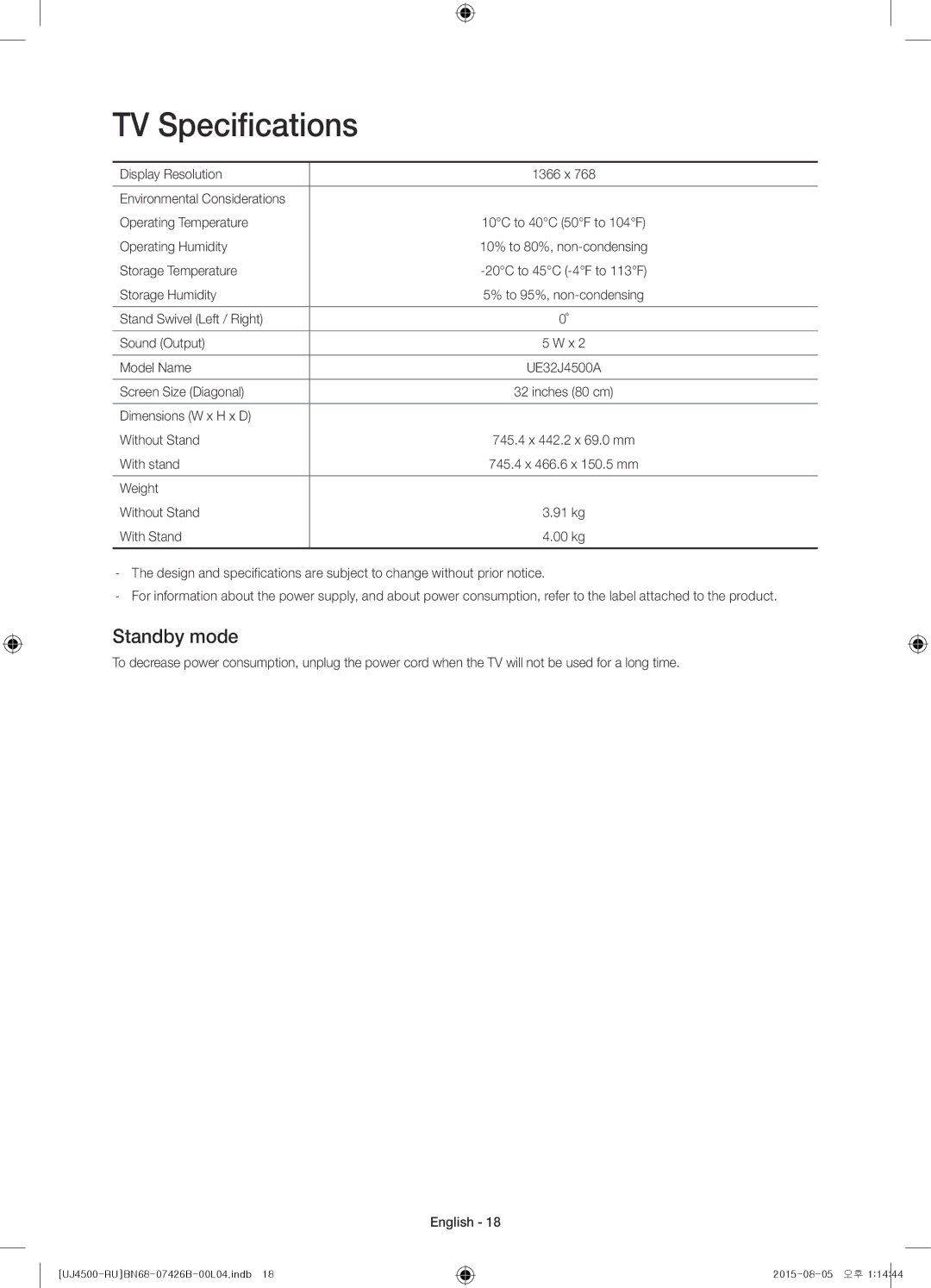 Samsung UE32J4500AKXRU manual TV Specifications, Standby mode 