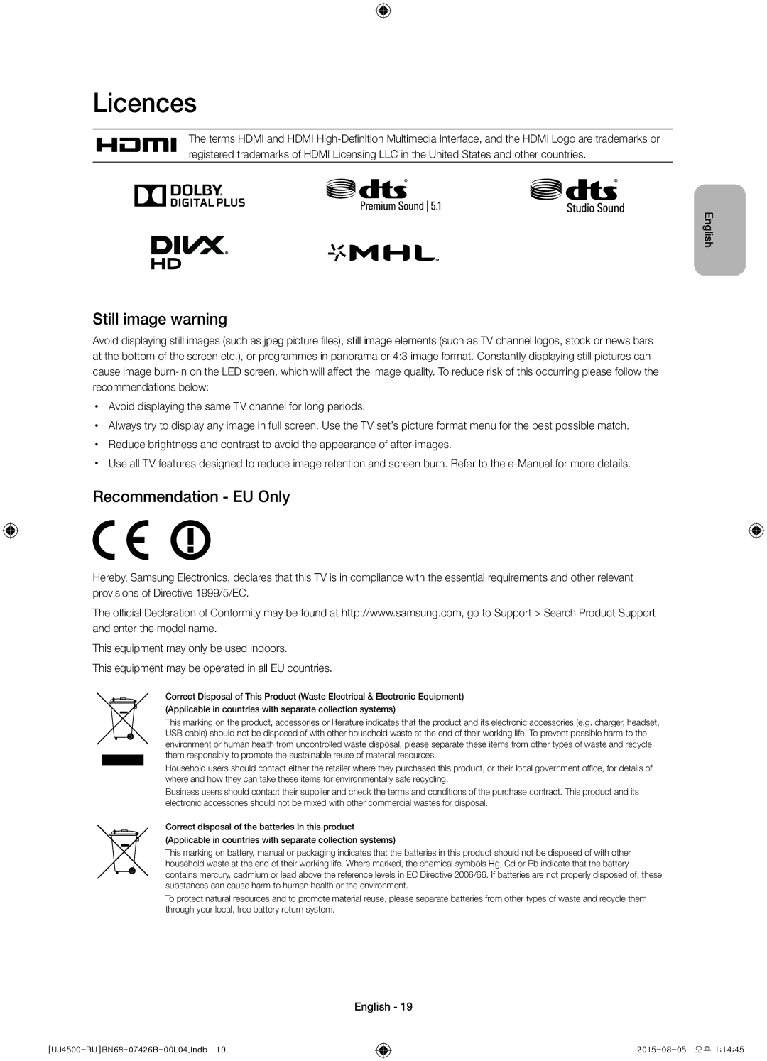 Samsung UE32J4500AKXRU manual Licences, Still image warning, Recommendation EU Only 