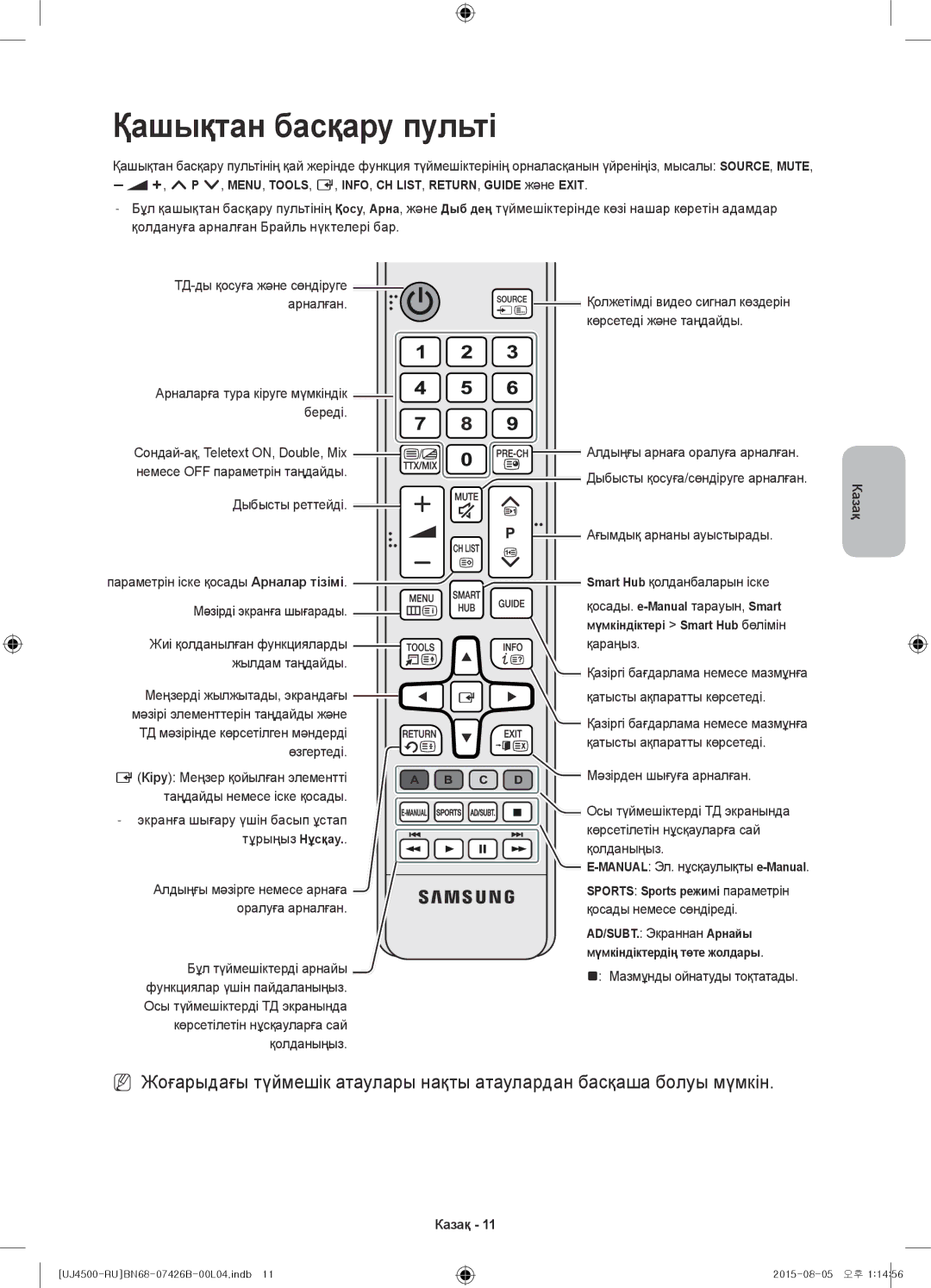 Samsung UE32J4500AKXRU manual Қашықтан басқару пульті 