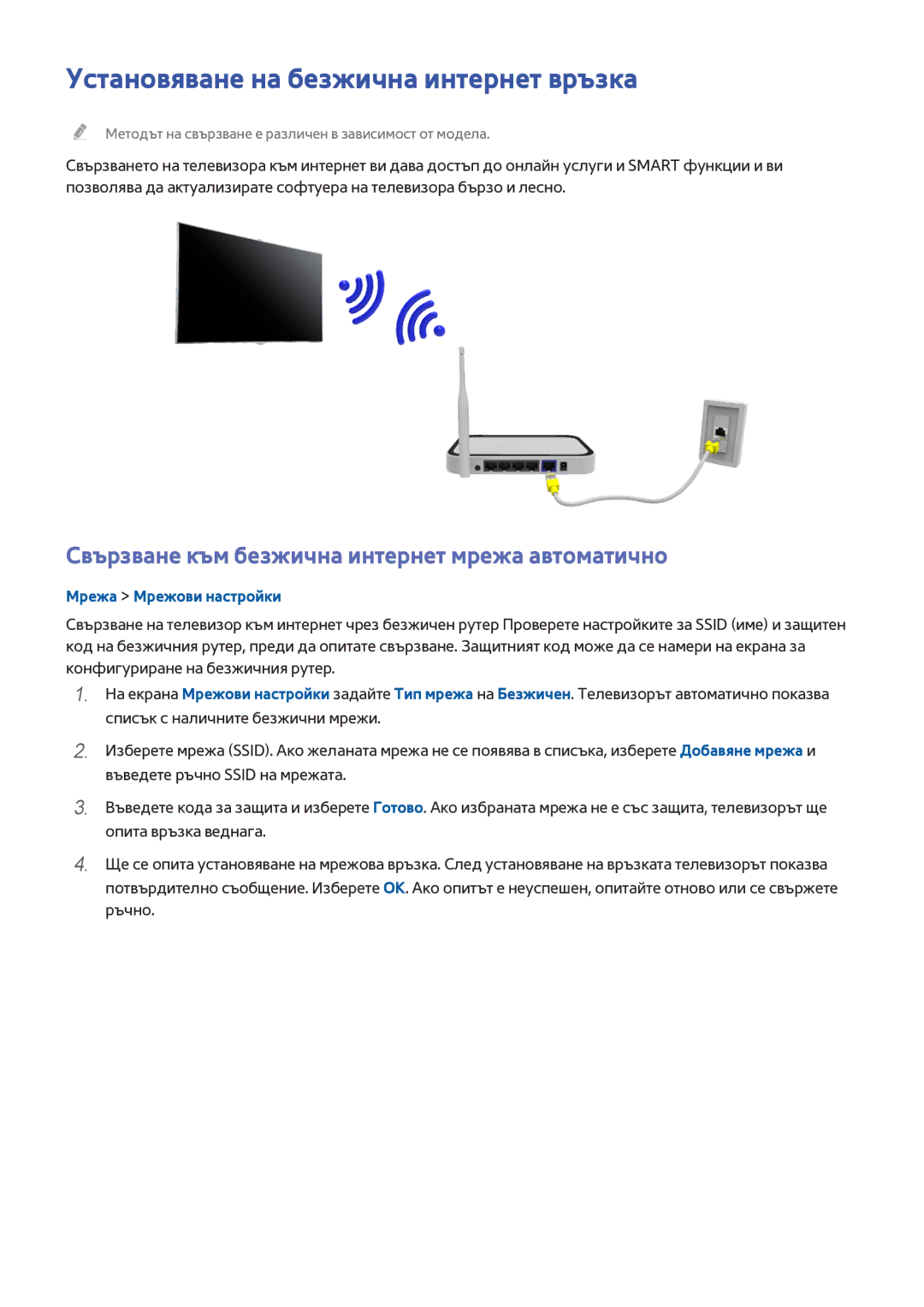 Samsung UE32J4500AWXXH manual Установяване на безжична интернет връзка, Свързване към безжична интернет мрежа автоматично 