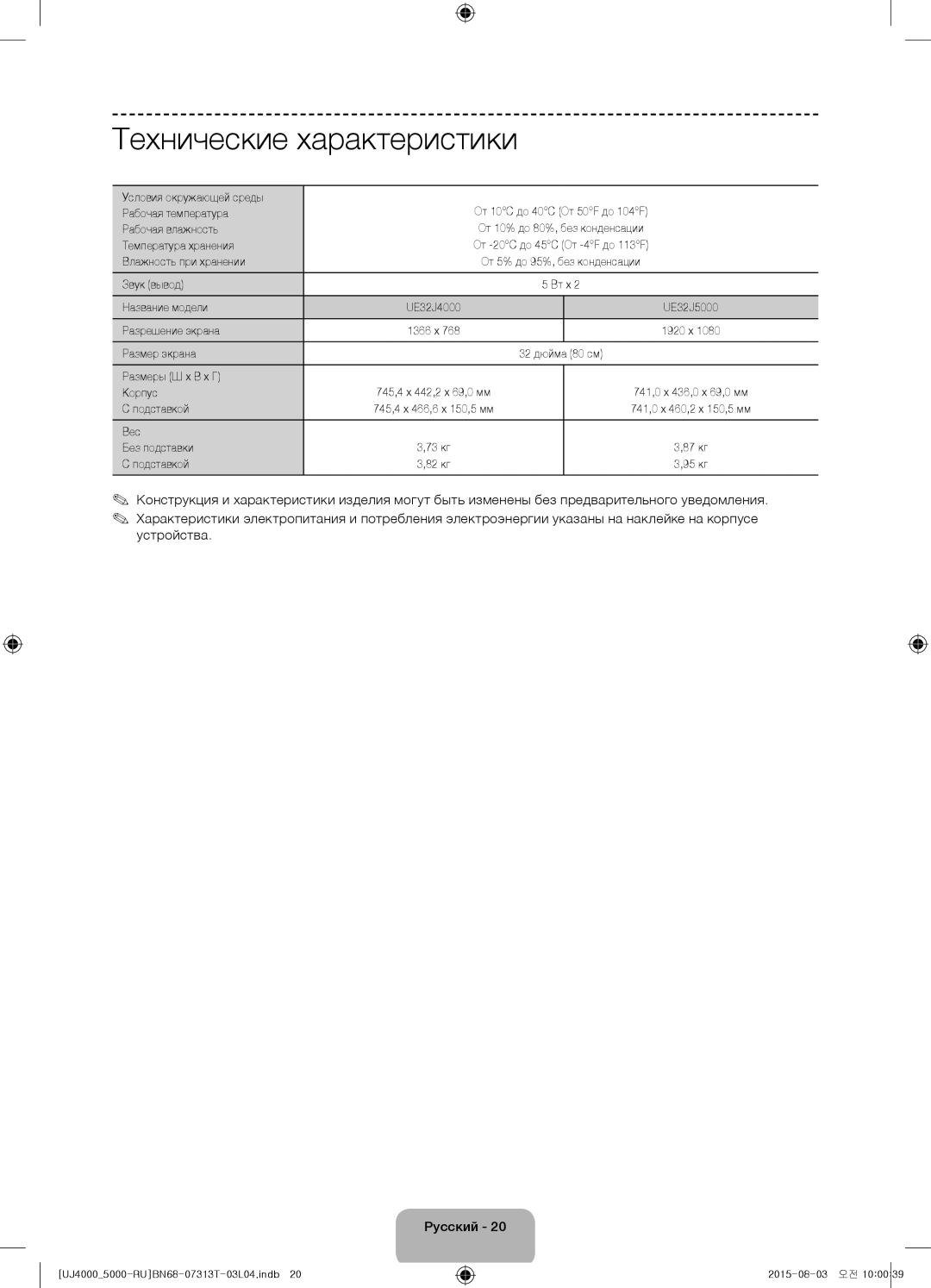 Samsung UE32J5000AKXRU, UE32J4000AKXRU manual Технические характеристики 