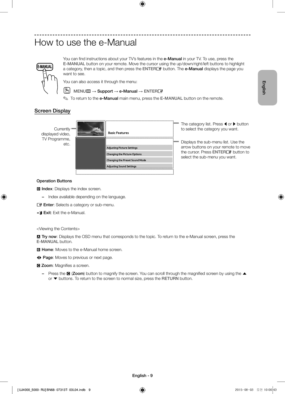 Samsung UE32J4000AKXRU, UE32J5000AKXRU manual How to use the e-Manual, Screen Display 