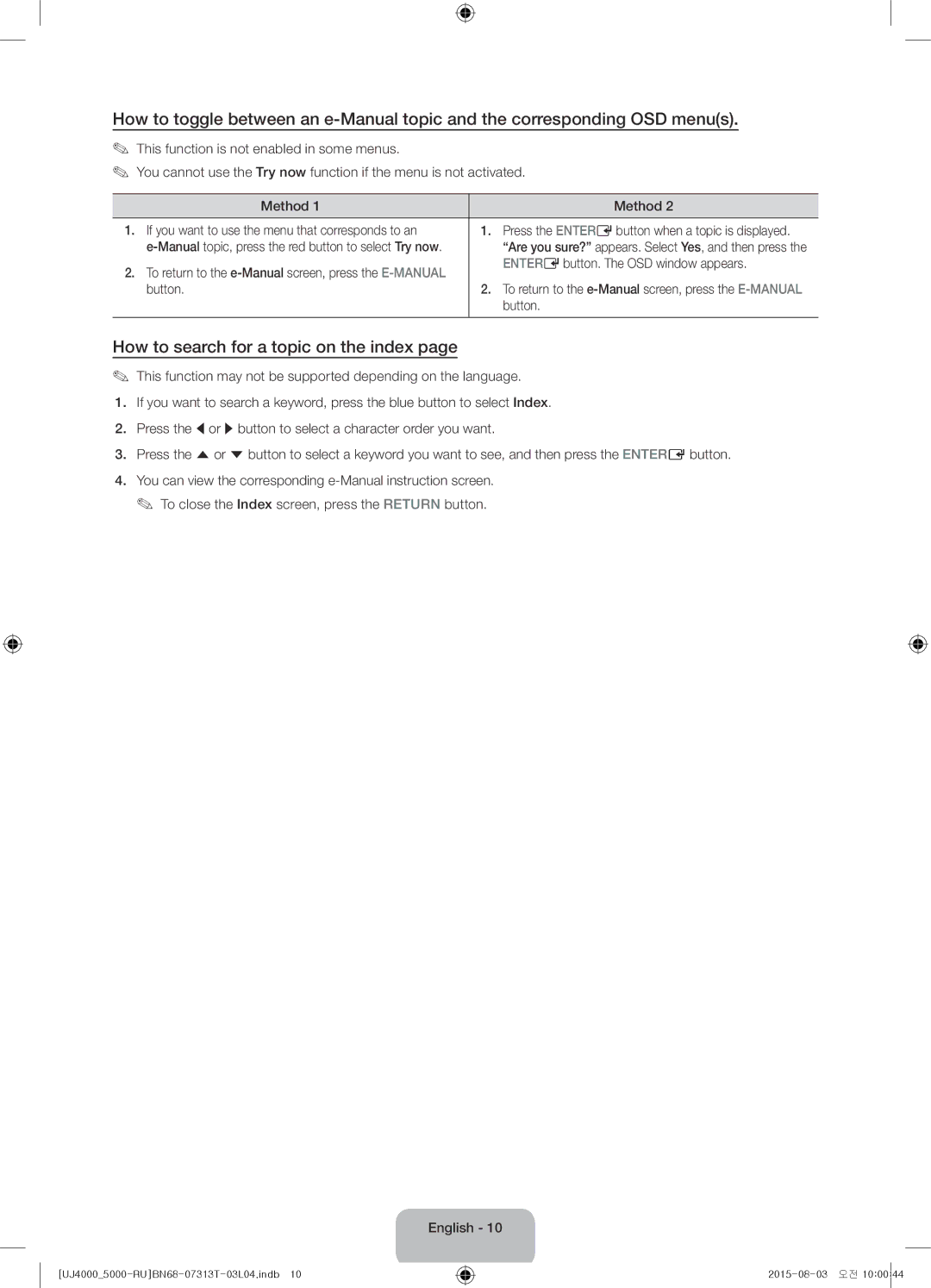 Samsung UE32J5000AKXRU manual How to search for a topic on the index, Entere button. The OSD window appears, Button 