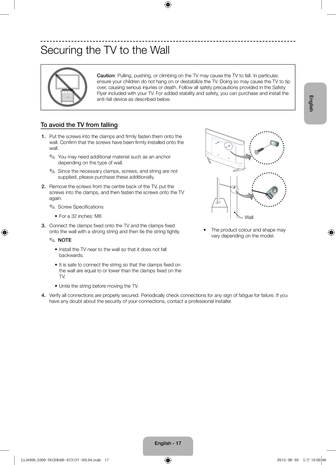 Samsung UE32J4000AKXRU, UE32J5000AKXRU manual Securing the TV to the Wall, To avoid the TV from falling 