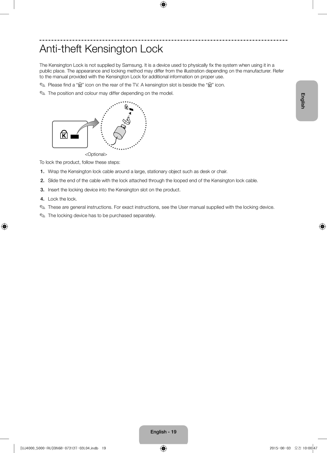 Samsung UE32J4000AKXRU, UE32J5000AKXRU manual Anti-theft Kensington Lock 