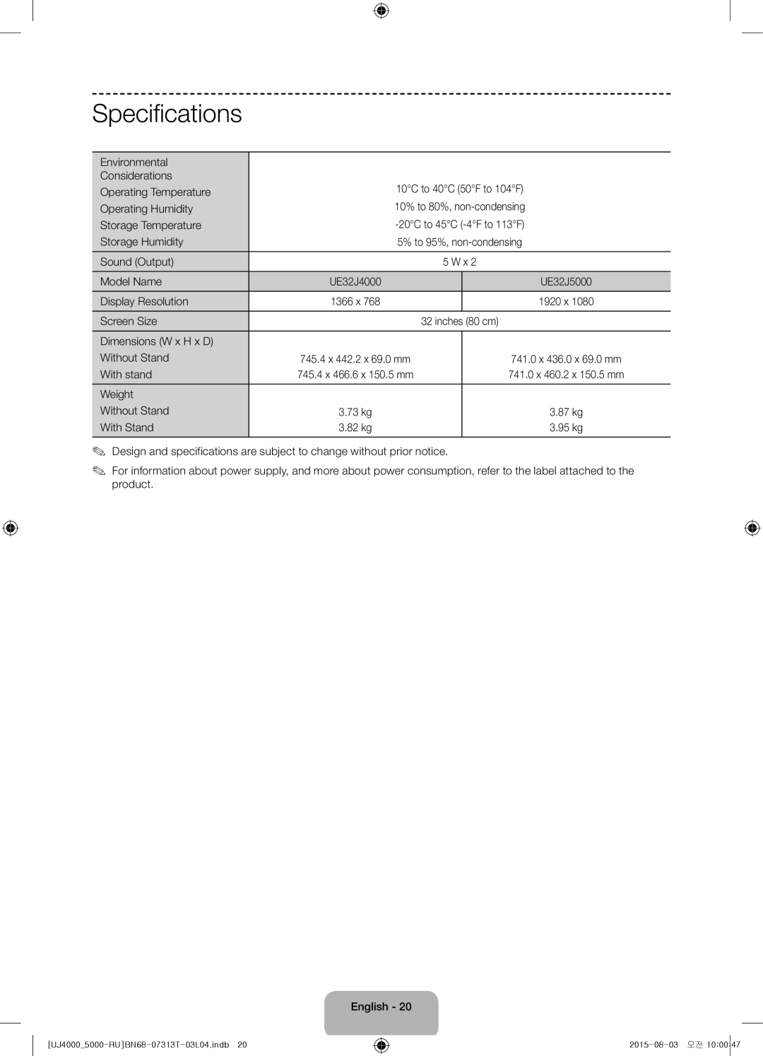 Samsung UE32J5000AKXRU, UE32J4000AKXRU manual Specifications 