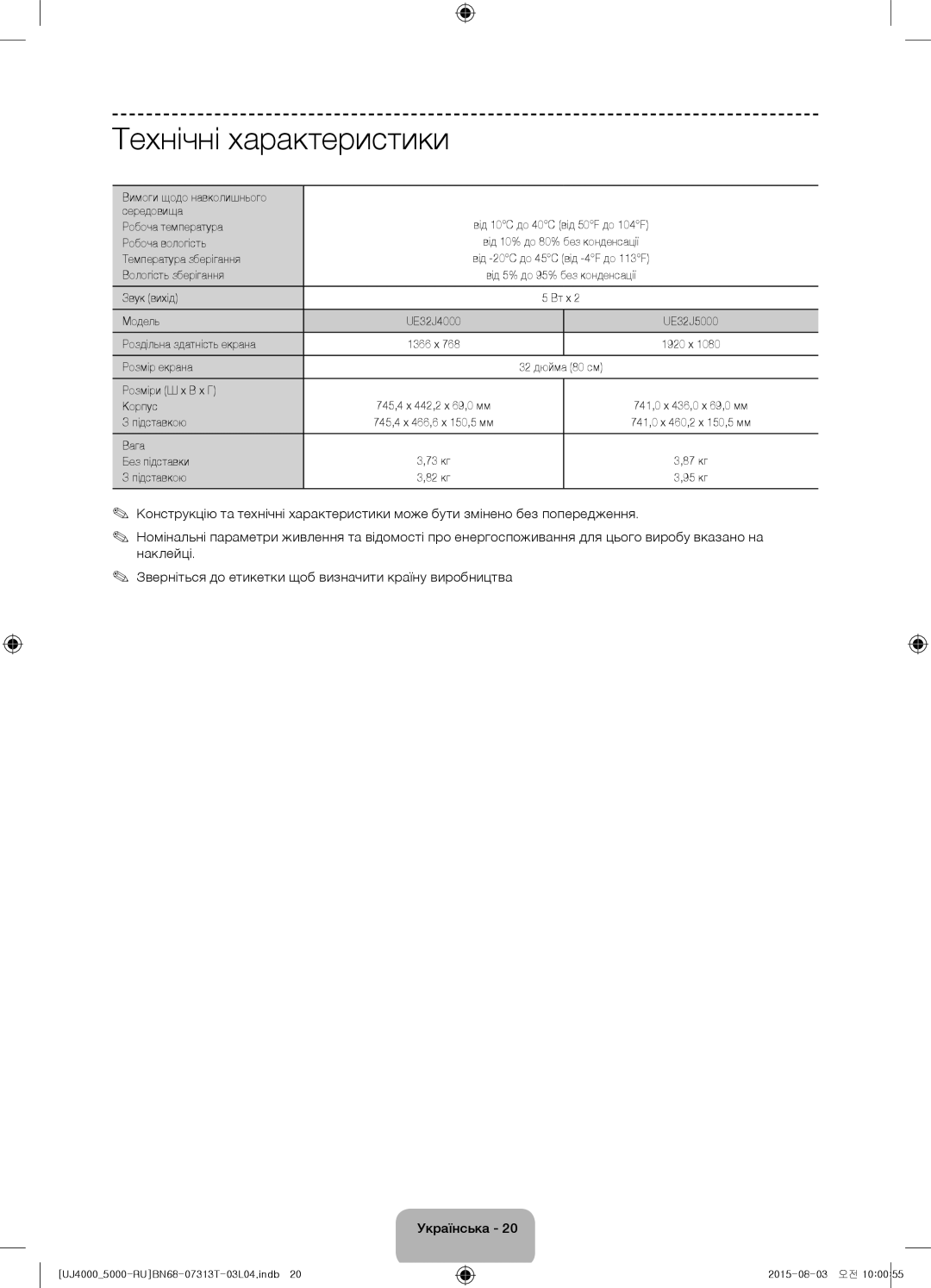 Samsung UE32J5000AKXRU, UE32J4000AKXRU manual Технічні характеристики 