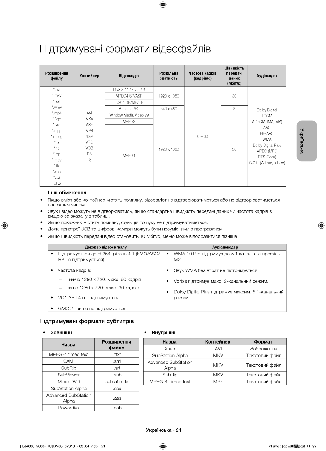 Samsung UE32J4000AKXRU, UE32J5000AKXRU Підтримувані формати відеофайлів, Підтримувані формати субтитрів, Інші обмеження 