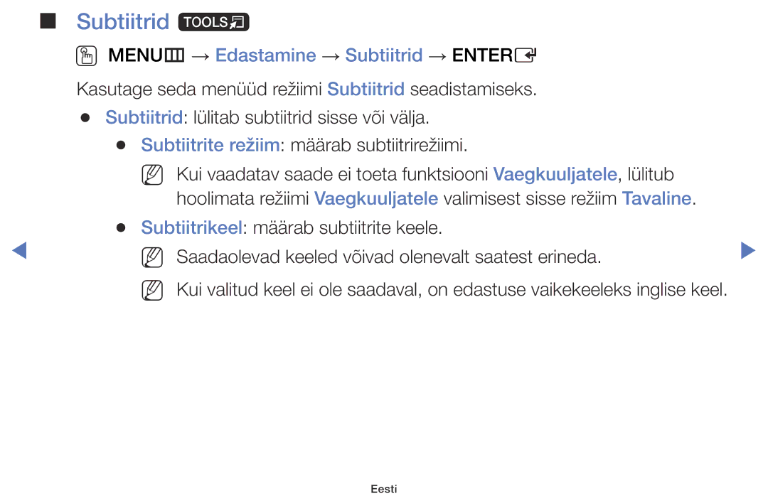 Samsung UE32J4000AWXBT, UE32J5000AWXBT, UE40J5000AWXBT manual Subtiitrid t, OO MENUm → Edastamine → Subtiitrid → Entere 