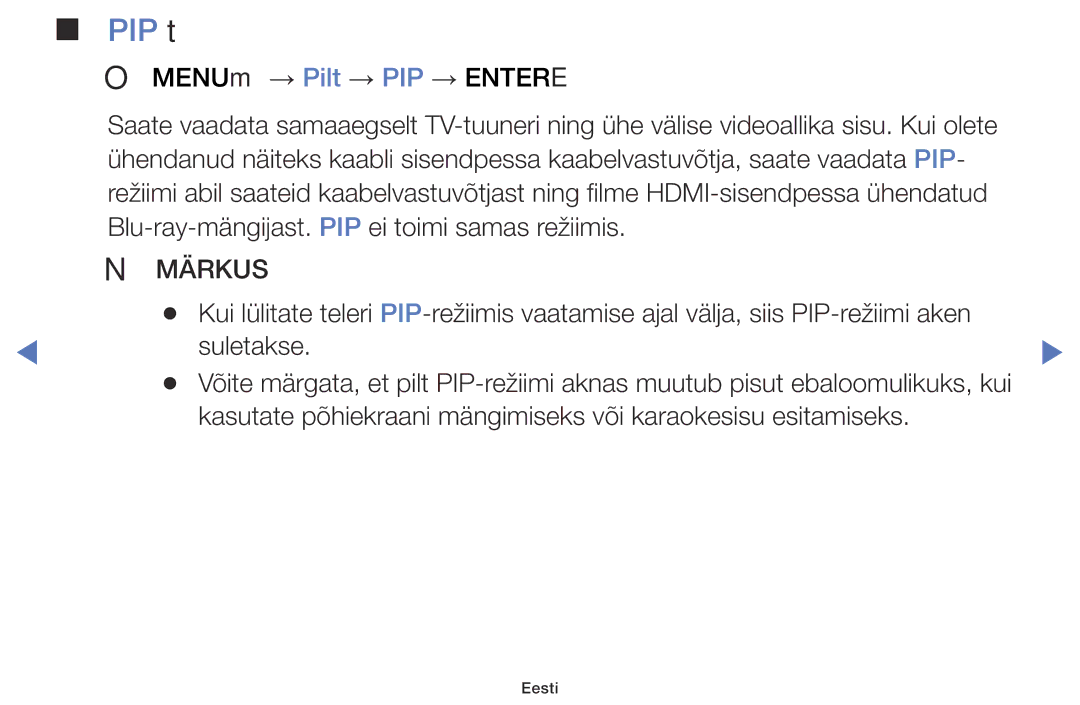 Samsung UE40J5000AWXBT, UE32J5000AWXBT, UE32J4000AWXBT manual PIP t, OO MENUm → Pilt → PIP → Entere 