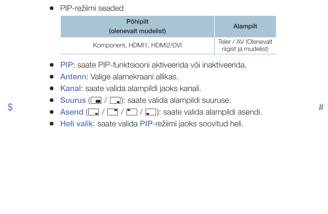 Samsung UE32J4000AWXBT, UE32J5000AWXBT, UE40J5000AWXBT manual PIP-režiimi seaded 