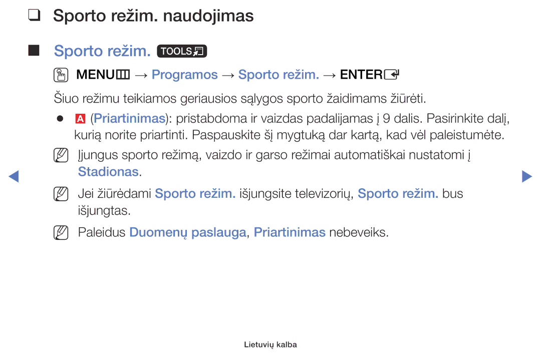 Samsung UE32J5000AWXBT Sporto režim. naudojimas, Sporto režim. t, OO MENUm → Programos → Sporto režim. → Entere, Stadionas 