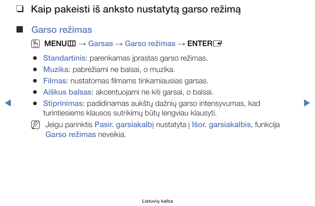 Samsung UE40J5000AWXBT, UE32J5000AWXBT, UE32J4000AWXBT manual Kaip pakeisti iš anksto nustatytą garso režimą, Garso režimas 