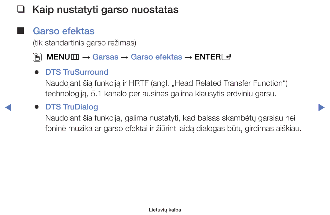 Samsung UE32J4000AWXBT, UE32J5000AWXBT, UE40J5000AWXBT manual Kaip nustatyti garso nuostatas, Garso efektas, DTS TruDialog 