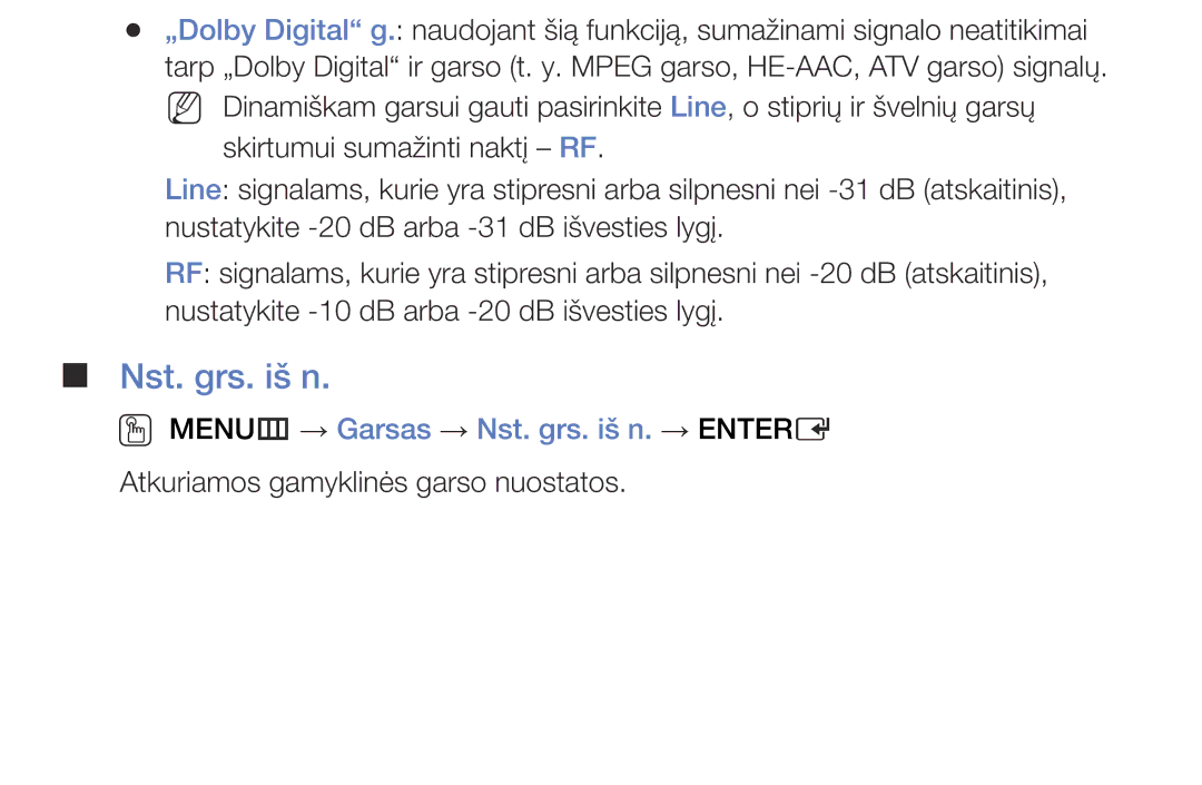 Samsung UE32J5000AWXBT, UE40J5000AWXBT, UE32J4000AWXBT manual OO MENUm → Garsas → Nst. grs. iš n. → Entere 