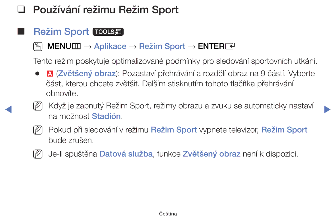 Samsung UE60J6100AWXXN manual Používání režimu Režim Sport, Režim Sport t, OO MENUm → Aplikace → Režim Sport → Entere 