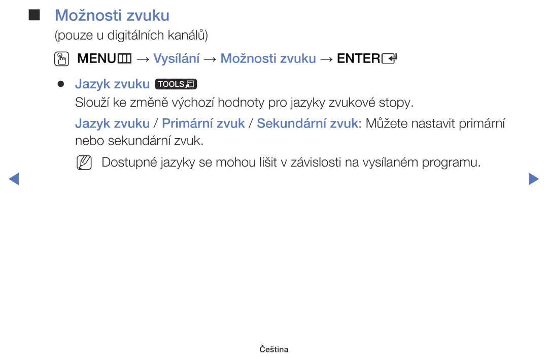Samsung UE50J6100AWXZF, UE32J5000AWXXH, UE32J5000AWXXC manual OO MENUm → Vysílání → Možnosti zvuku → Entere Jazyk zvuku t 