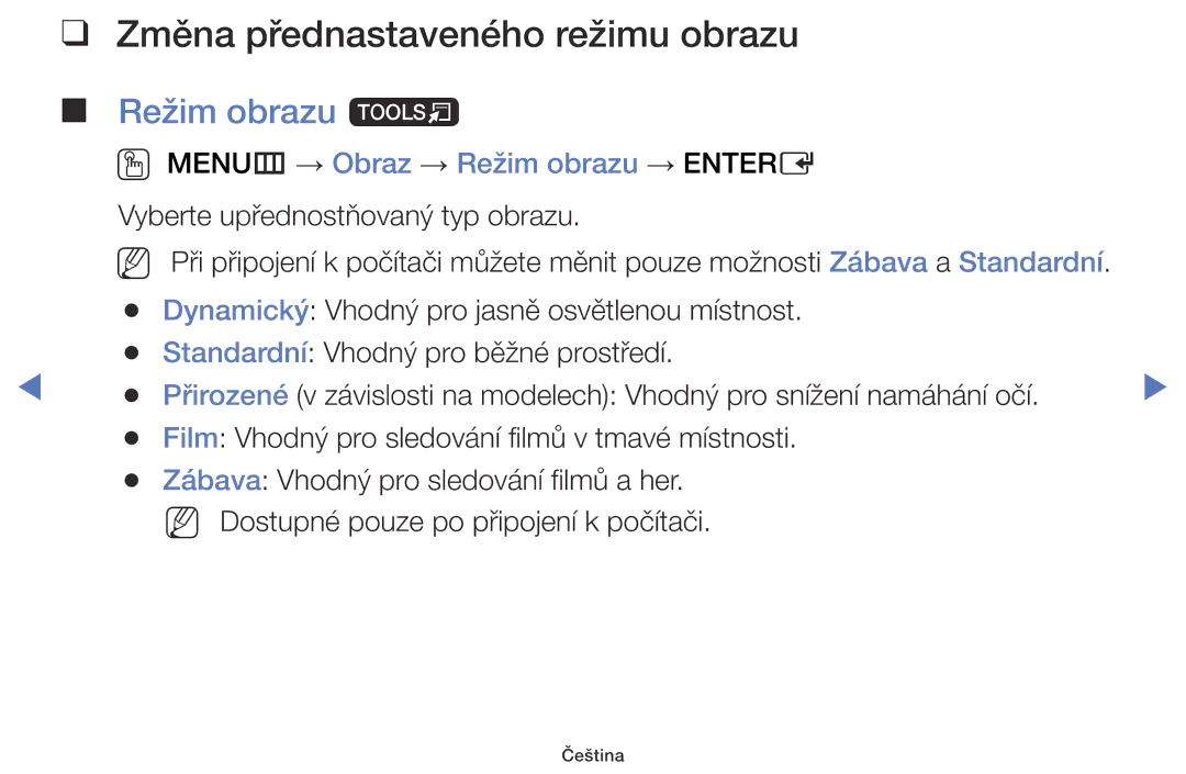 Samsung UE40J5000AWXBT manual Změna přednastaveného režimu obrazu, Režim obrazu t, OO MENUm → Obraz → Režim obrazu → Entere 