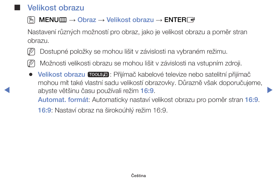 Samsung UE48J5000AWXBT, UE32J5000AWXXH, UE32J5000AWXXC, UE40J5000AWXXH manual OO MENUm → Obraz → Velikost obrazu → Entere 