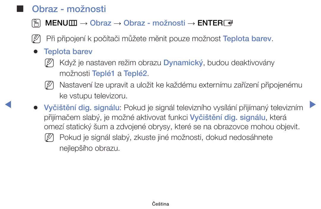 Samsung UE32J5000AWXXC manual OO MENUm → Obraz → Obraz možnosti → Entere, Teplota barev, Možnosti Teplé1 a Teplé2 