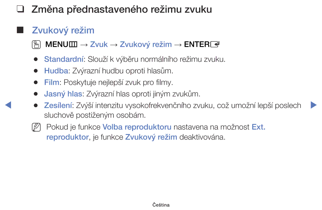 Samsung UE32J5000AWXBT, UE32J5000AWXXH Změna přednastaveného režimu zvuku, OO MENUm → Zvuk → Zvukový režim → Entere 