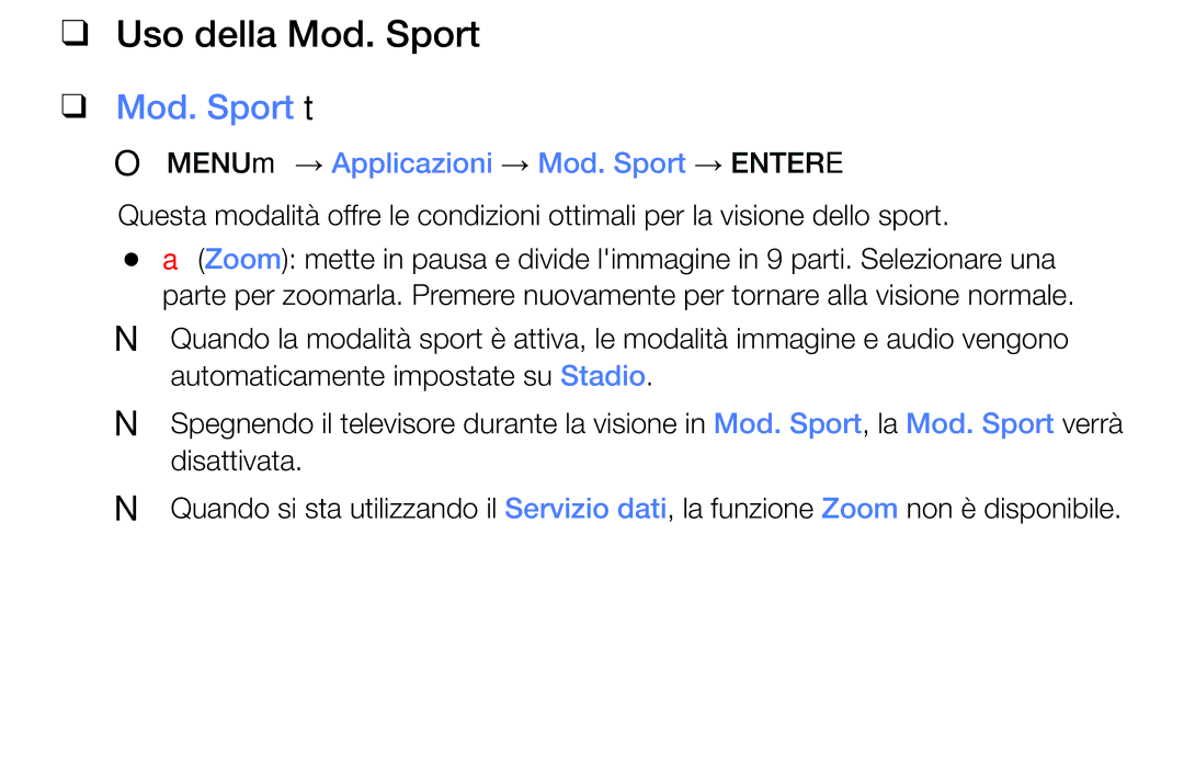 Samsung UE48J5100AWXXH, UE32J5000AWXXH Uso della Mod. Sport, Mod. Sport t, OO MENUm → Applicazioni → Mod. Sport → Entere 