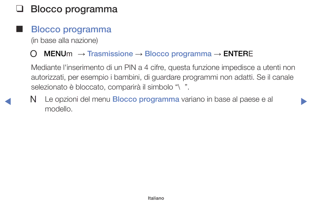 Samsung UE40J5000AKXZT, UE32J5000AWXXH, UE40J5100AWXXH manual OO MENUm → Trasmissione → Blocco programma → Entere 