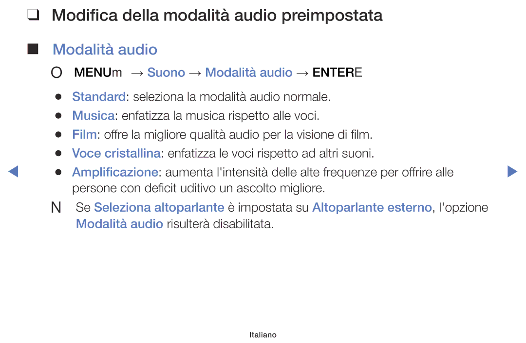 Samsung UE32J5000AWXXH, UE40J5100AWXXH, UE48J5100AWXXH manual Modifica della modalità audio preimpostata, Modalità audio 