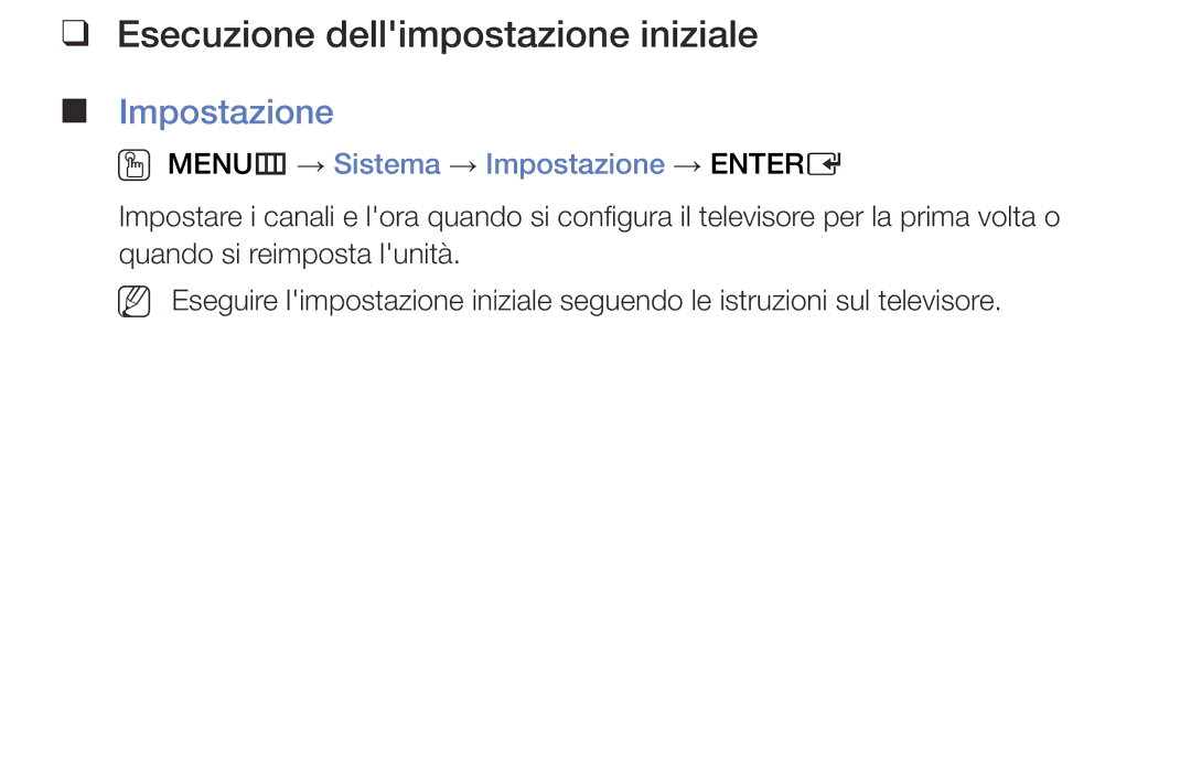 Samsung UE40J5100AWXXH manual Esecuzione dellimpostazione iniziale, OO MENUm → Sistema → Impostazione → Entere 