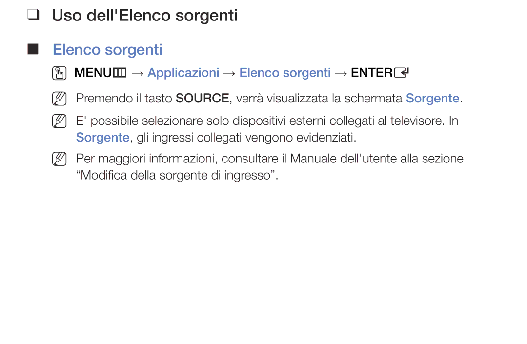 Samsung UE48J5100AWXXH, UE32J5000AWXXH manual Uso dellElenco sorgenti, OO MENUm → Applicazioni → Elenco sorgenti → Entere 